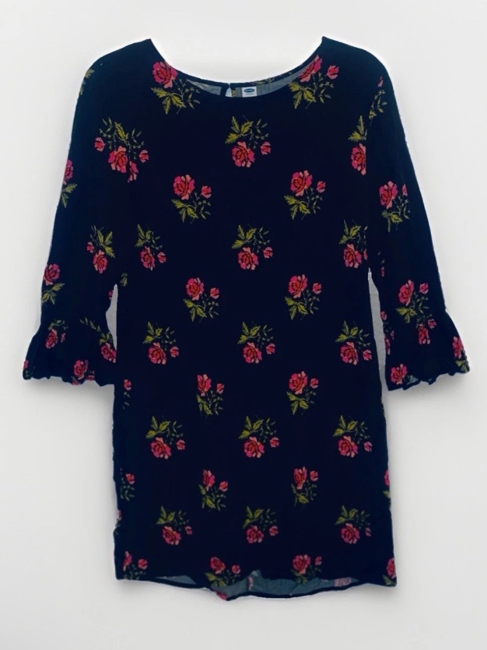 Womens Old Navy Floral Sheath Dress Medium Black Pink 3/4 Bell Sleeve Ruffle